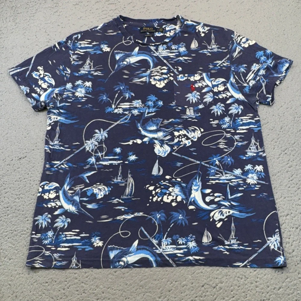 Polo Ralph Lauren Shirt Mens Large Blue Marlin Deep Sea Fishing Pocket Tee Pony